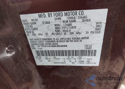 2008 Ford F-150 60Th Anniversary/Fx4/King Ranch/Lariat/Xlt z USA, uszkodzony, nr VIN 1FTPW14V88KB54688